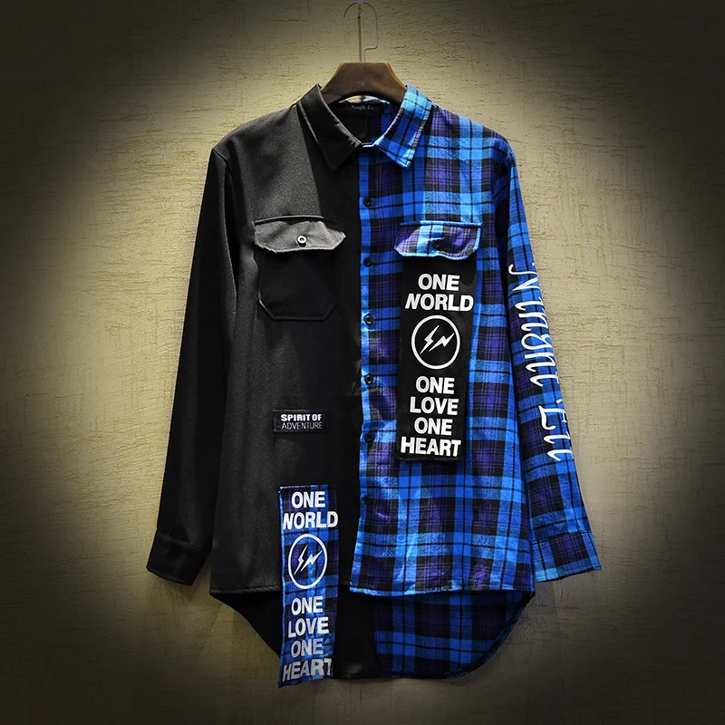 New Western Diablo Style Fashion Individuality Printed Plaid Patchwork Men's Long-Sleeved Shirts Hip Hop Autumn Streetwear Color