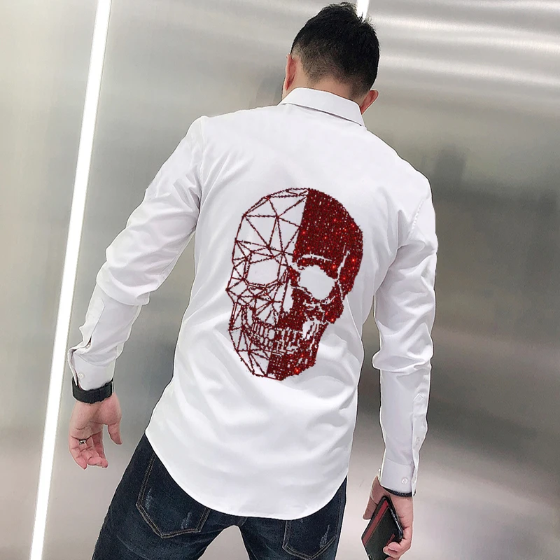 Korean Version Of Pure Color Hot Diamond Rhinestone Simple Youth Custom Skull Men's T-Shirt Long Sleeve Classic Trend