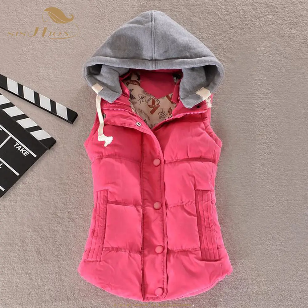 Rose red SISHION 4XL размера плюс зимний женский хлопковый жилет с капюшоном тонкий карамельный цвет Спортивный Повседневный жилет женский SP0650 - Цвет: Rose red