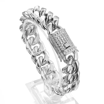

8-18mm CZ Zircon Stone Pave Silver Color Stainless Steel Cuban Miami Chain & Link Bracelets for Male Boys Hip Hop Rock Jewelry