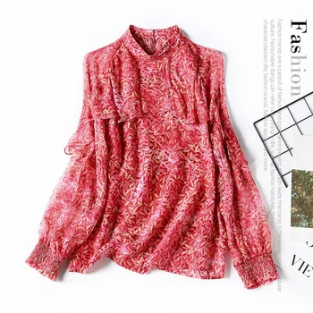 

New 20 large ruffled silk long sleeved shirt female red broken broken flower age reduction set of mulberry silk blouse