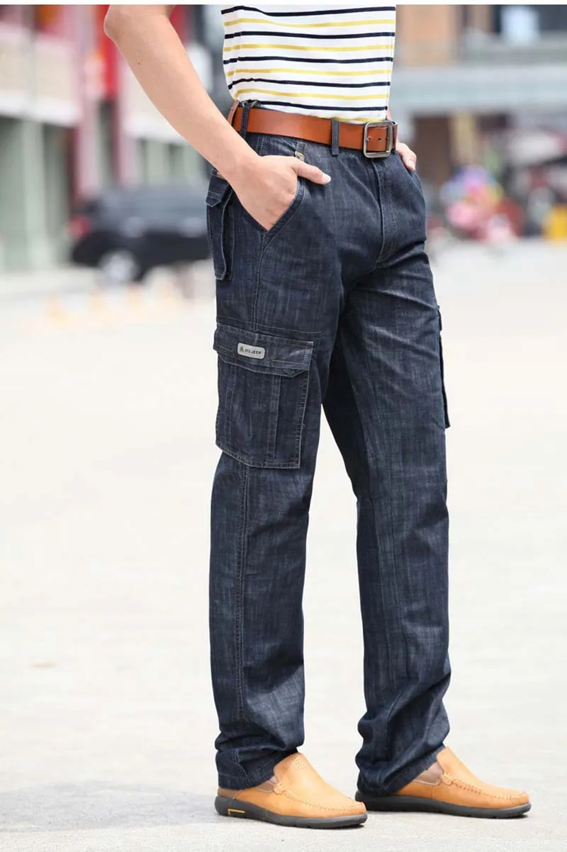 KIOVNO, мужские повседневные джинсы-карго, брюки с несколькими карманами, прямые, свободные, стильные, джинсовые брюки для мужчин, размер 29-44, одноцветные