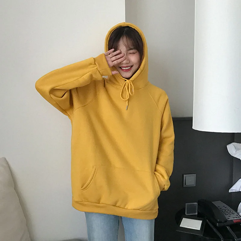 yellow Женская мода осень зима корейский стиль негабаритных с капюшоном длинным рукавом сплошной цвет черный Толстовка Женская Повседневная теплая верхняя одежда - Цвет: yellow