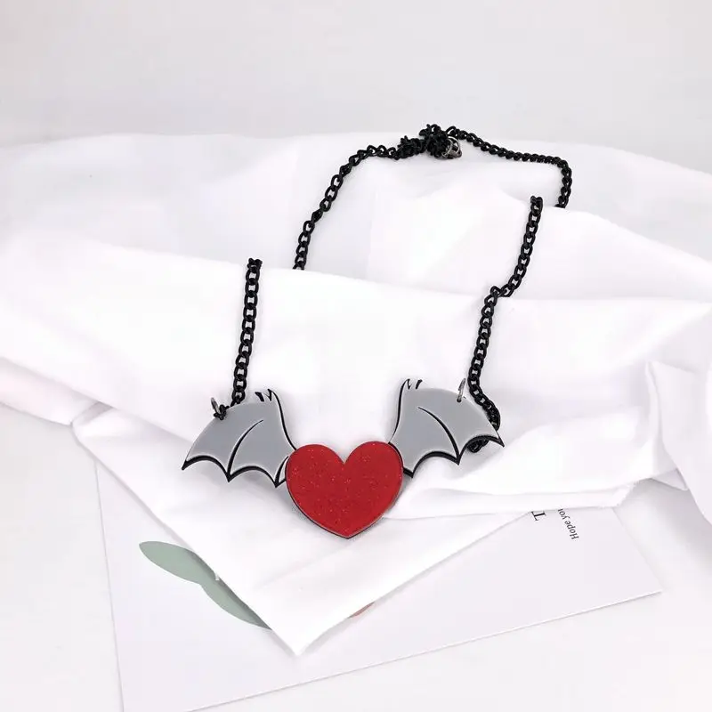 

Bat Wing Heart Women Necklace Personality Long Pendant Hip Hop Night Club Jewelry