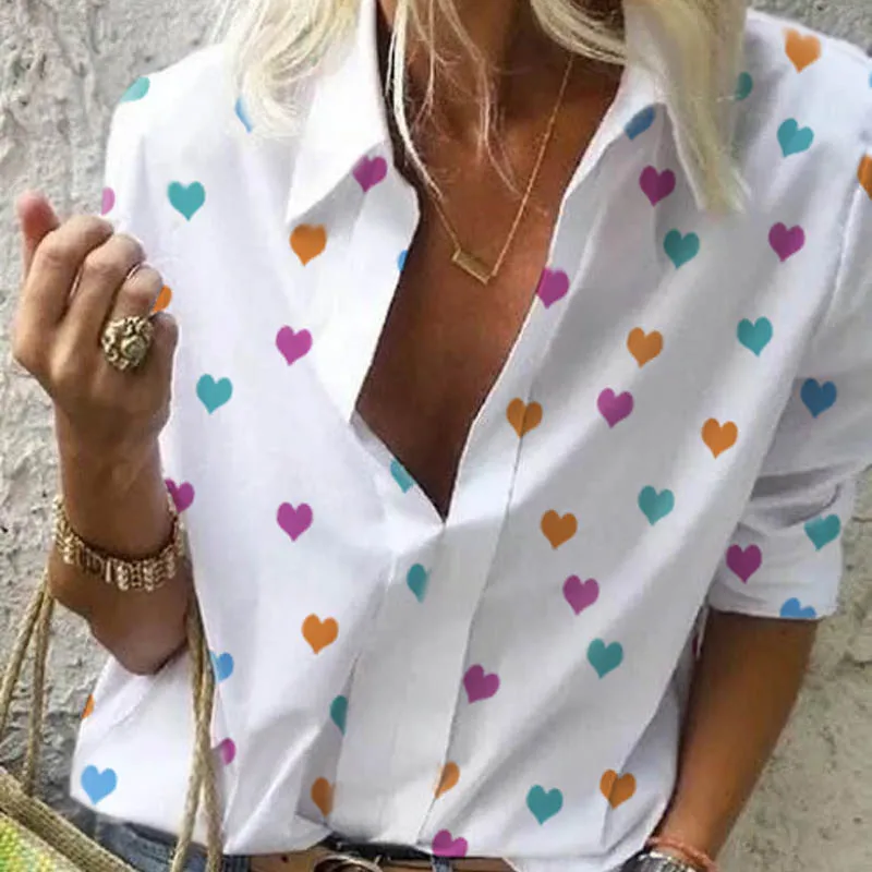 heart white Весенняя женская блузка для отдыха, топы, женские офисные блузки с цепным принтом, женские стильные блузки с длинным рукавом, женские 5XL - Цвет: heart white