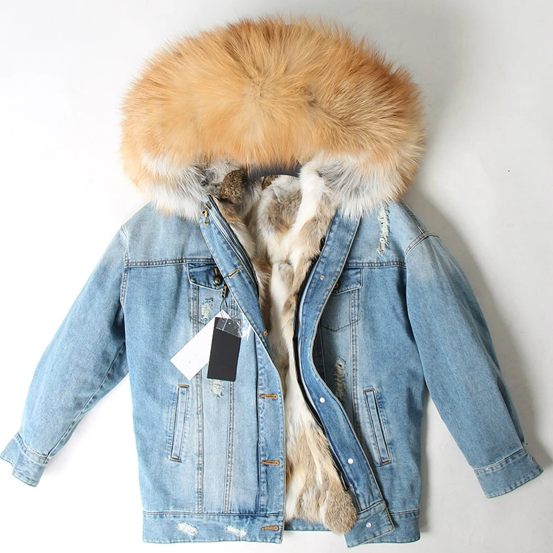 Discount OFTBUY 2019 Winter Jacket Women Real Fur Coat Parka Real raccoon collar Rex Rabbit liner striped bomber Denim jacket Streetwear 23