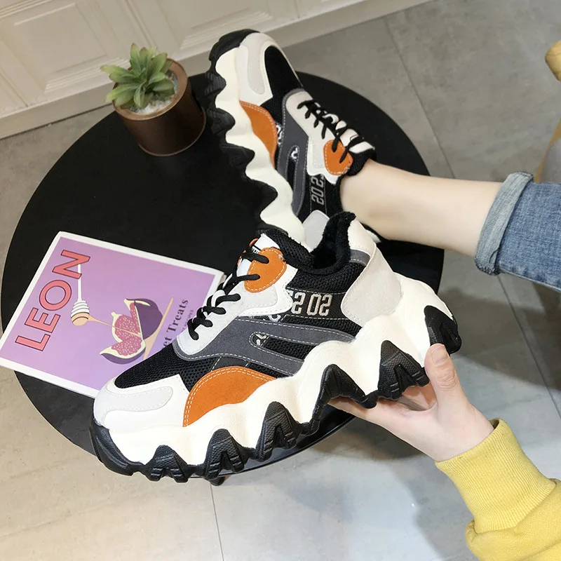 

Winter Platform Heel Lace-up Mixed Colors Dad Shoes Network Red plus Cotton Shoes Women's Mesh Extra High Casual WOMEN'S Shoes