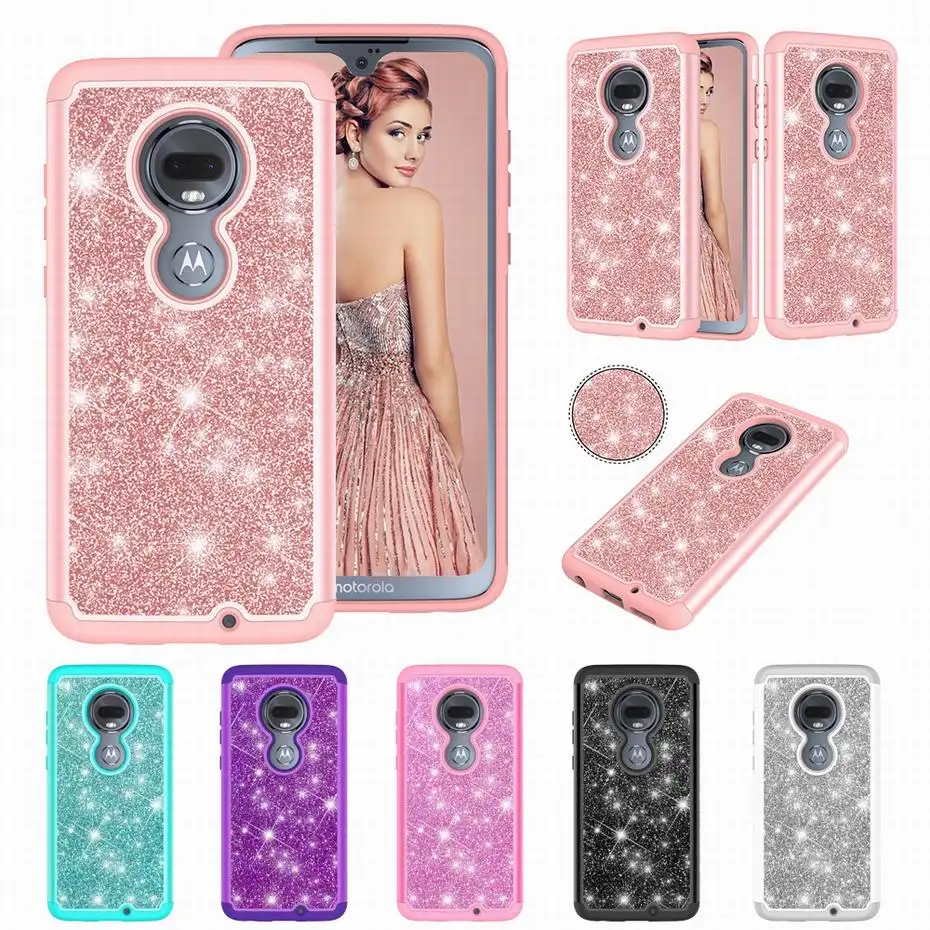 

Glitter Case For Motorola Moto G7 Plus Play Power PC+TPU 2 Layers Hybrid Full Body Protect Armor Phone Case for Moto Z4 Play