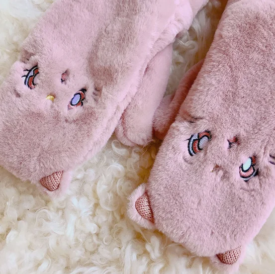 Winter warmth with fluffy thick full finger kitten gloves J03