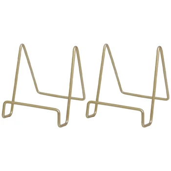 

2 Pcs Metal Square Wire Stand Platter Stand Easel Display Book Shelf Square Wire Stand Plate Art Photo Holder Gold Metal Stand