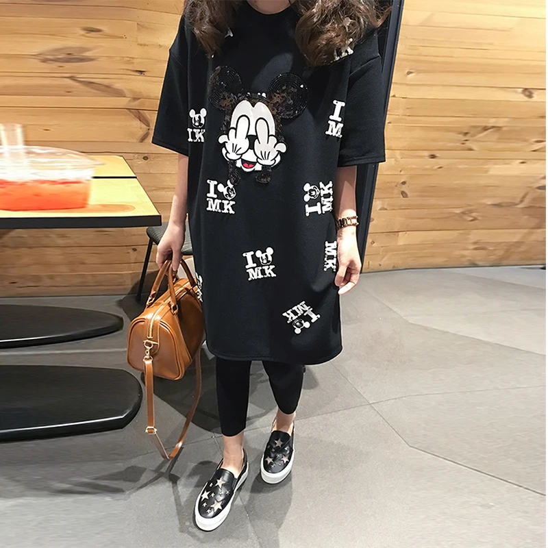 Cartoon Mouse Runway T Shirt Short Sleeve Casual Print Women Femme Tops Oversize Black T-Shirt XL-5XL | Женская одежда