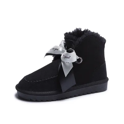 D Милые женские зимние ботинки зимние ботильоны на меху женские теплые плюшевые Замшевые слипоны на плоской резиновой подошве с бантом, модная женская обувь на платформе - Цвет: D