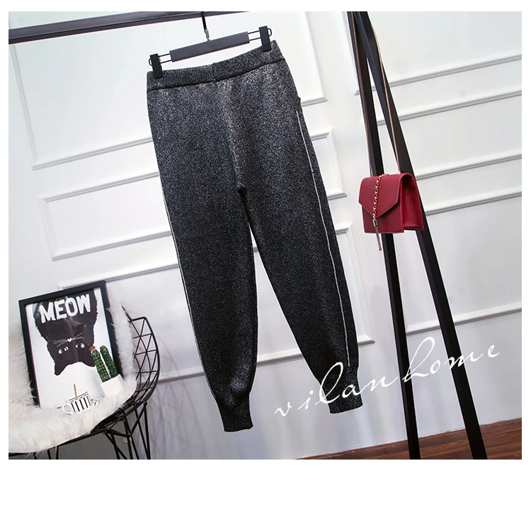 10.11 Autumn Winter New women diamonds turn-down collar single breasted long sleeve knitted sweaters pants two piece set