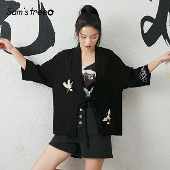

SAM'S TREE Black Crane Embroidery Loose Casual Kimono Women Clothing 2020 Summer New Lace Up Korean Style Ladies Daily Thin Coat
