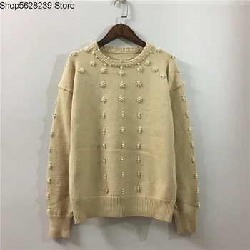 

Winter Heavy Industry Socialite Temperament Nail Beads Round Neck Pullover Knitting Sweater Lady