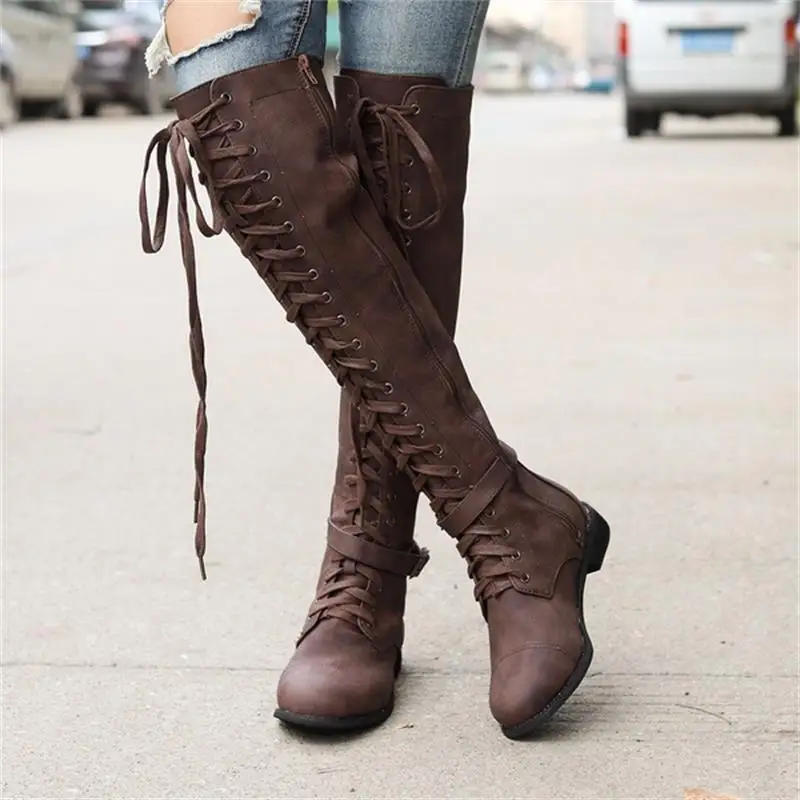 

2019 Women's Warm Boots Autumn and Winter New Flat Shoes Lace Up Buckle British Style Long Boots Female Kneel Heel Boots
