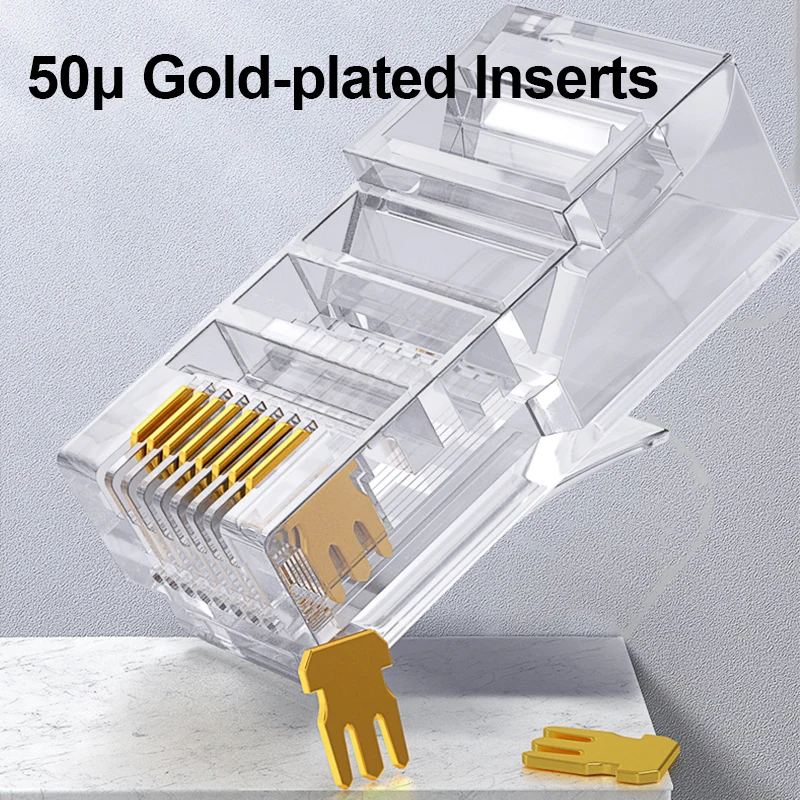 OMAY CAT6/7 CAT5 Pass Through RJ45 Modular Plug Network Connectors UTP 3/50μ Gold-Plated 8P8C Crimp End for Ethernet Cable
