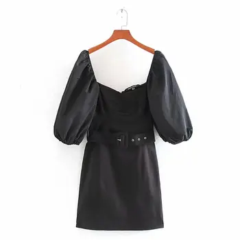 

Women vintage square collar spliced casual black mini Dress ladies retro lantern sleeve sashes vestido chic party Dresses DS3288