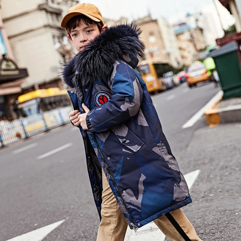 HSSCZL куртки-пуховики для мальчиков Новинка года; пуховое пальто для девочек Длинная зимняя теплая верхняя одежда с капюшоном пальто; детская одежда - Цвет: Синий