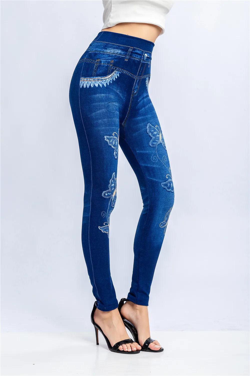 leggins Sexy Women Elastic Shaping Pants High Waist Fitness Sports Leggings Faux Denim Jeans Gym Workout Running Slim Push Up Trousers seasum leggings