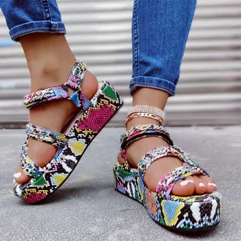 

EOEODOIT Women Snake skin Leather Sandals Summer Flat Platform Shoes Plus Size Female Casual Holiday Shoes