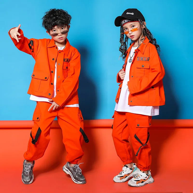 

Jazz Costumes Orange Tooling Long Sleeve Jacket Pants Boys Street Dancing Clothes Hip Hop Dance Set Stage Dancewear Kids