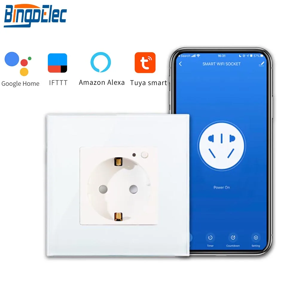 Bingoelec EU Standard Smart Life Germany Wall Socket Work For Alexa Google Home White Crystal Glass Panel 16A Power Wifi Socket
