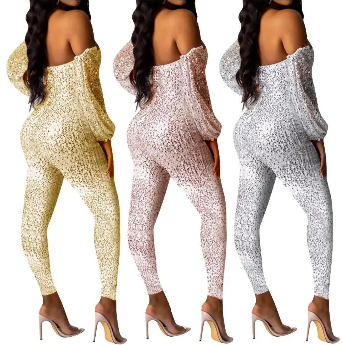 Autumn Women's Fashion Sequins with Long Sleeve One-Shoulder Long Nightclub Party Jumpsuit Rompers Women Jumpsuit