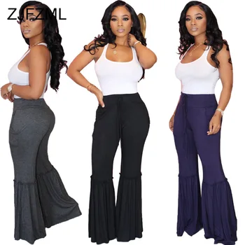 

High Waist Casual Bell Bottom Trouser 2020 Women Fashion Push Up Pleated Long Pant Spring Solid Color Plus Size Flare Sweatpant