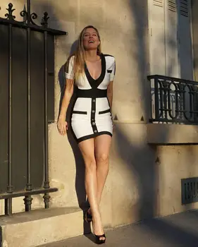 

High Quality Sexy White Geometric V-Neck Rayon Bandage Dress Elegant Evening Party Dress