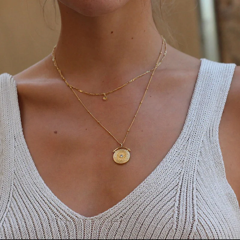 Nuova collana con ciondolo a stella di crusca rotonda a doppio strato in acciaio inossidabile alla moda per le donne regalo di gioielli con ciondoli a trama placcati in oro 18 carati  36