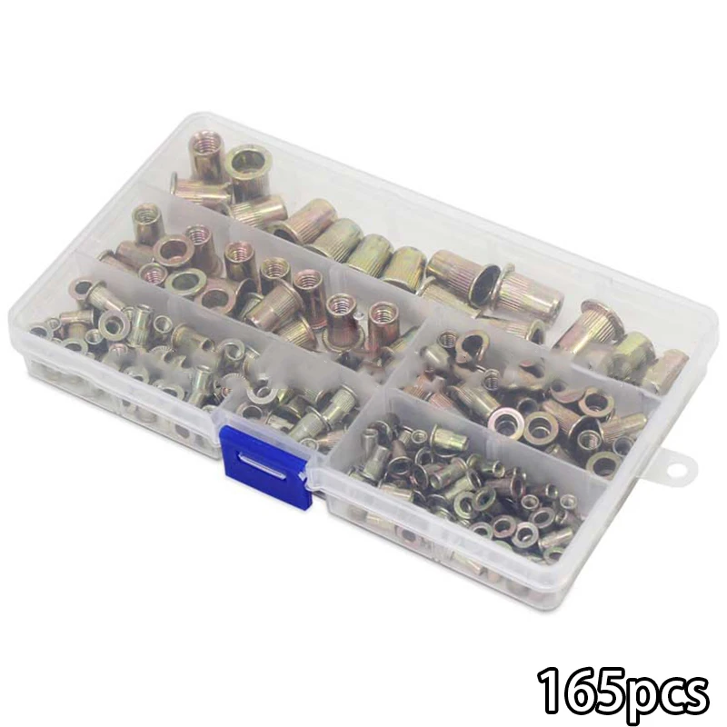 

165pcs/Set Nuts Rivet Insert Threaded Flat Head Knurled M3 M4 M5 M6 M8 Zinc Plating Tool Parts Carbon Steel Furniture Decor