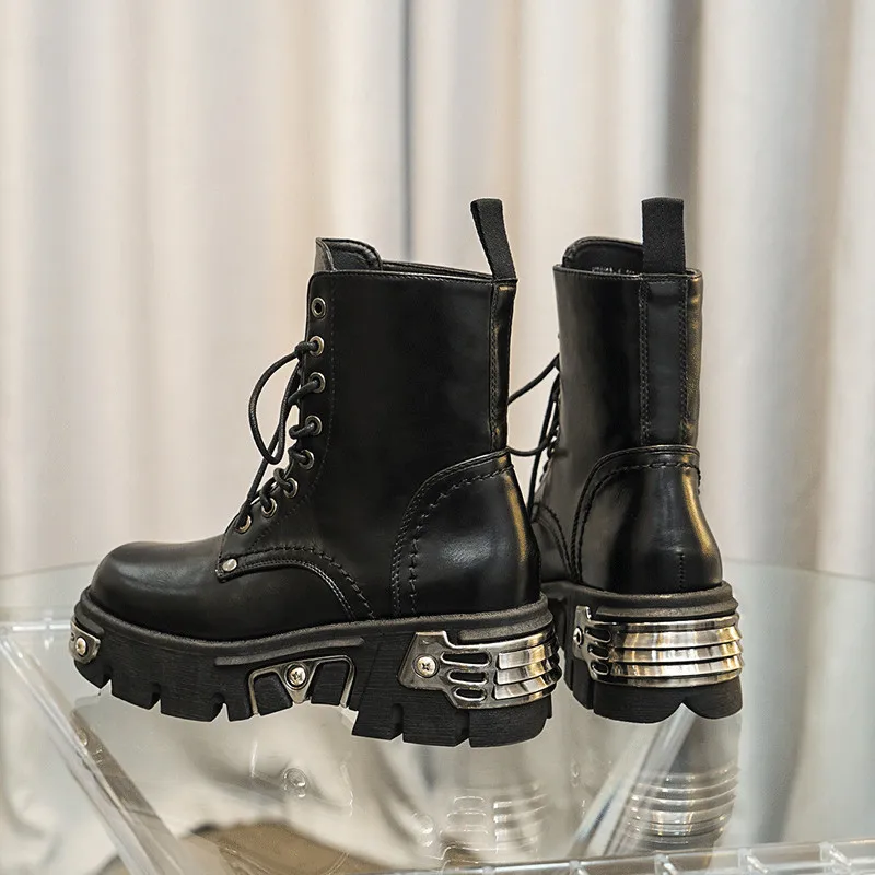 black chunky chain lace up ankle boots