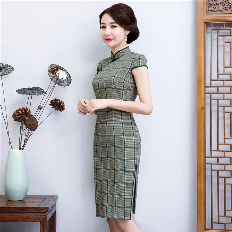 Летнее клетчатое платье с коротким рукавом, сексуальное, тонкое, Qipao, миди платья для женщин, Vestidos, Cheongsams, винтажное традиционное китайское платье, M-4XL