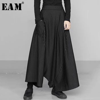 

[EAM] High Elastic Waist Black Striped Long Wide Leg Trousers New Loose Fit Pants Women Fashion Tide Spring Autumn 2020 1S433