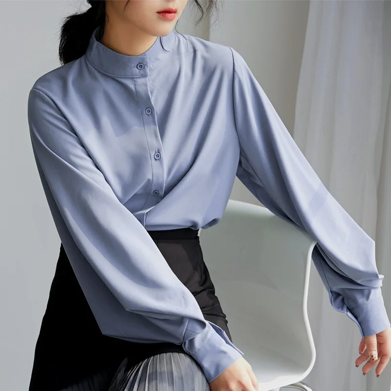

Casual Women Blouse Shirt lantern Long Sleeve Women Shirts solid stand collar Office blouse Womens Tops and blouses Fashion 966J