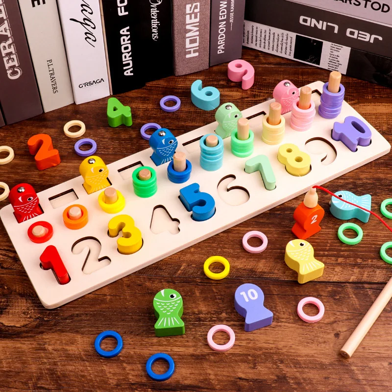 

-Three-in-One Numbers Board Computing Fishing Game Jigsaw Puzzle Learning Mathematics Wooden Teaching Aid Early Childhood Educat
