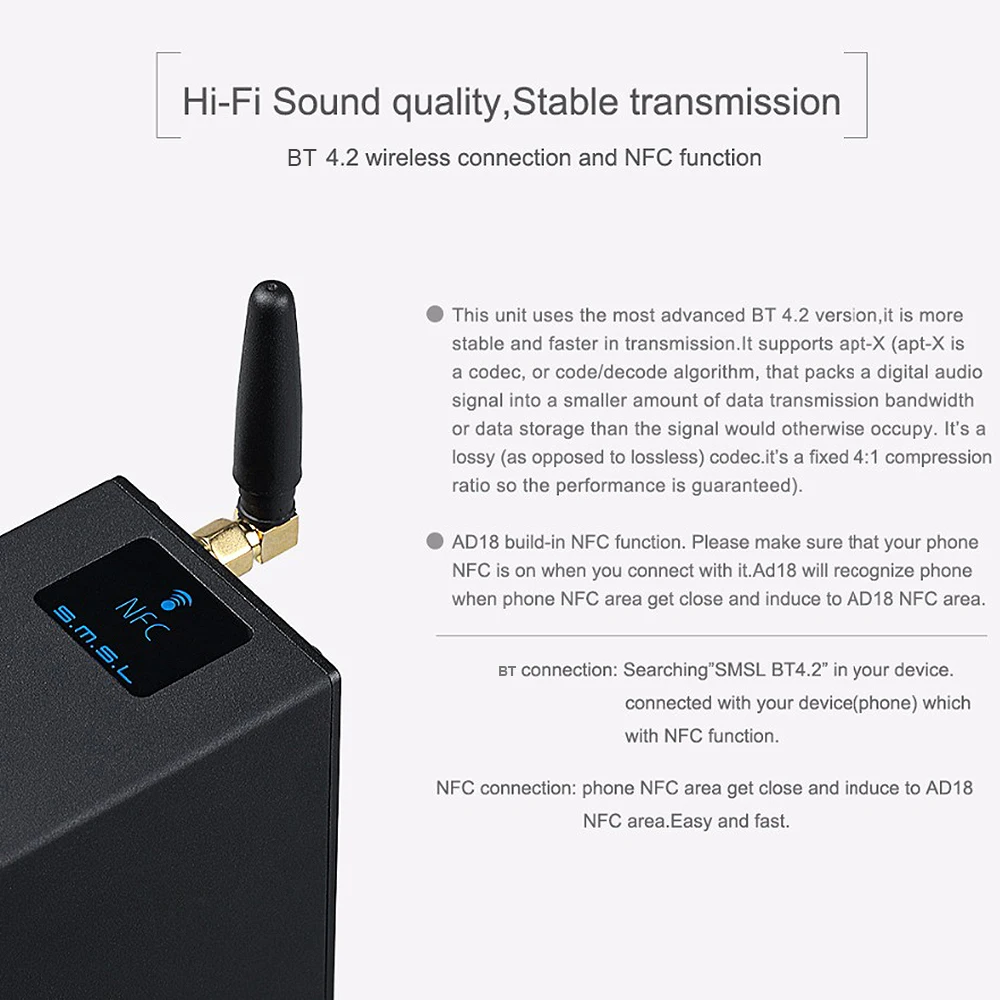 AD18 Hi-Fi аудио усилитель с Bluetooth 4,2 поддерживает Apt-X USB DSP полный цифровой усилитель мощности Bluetooth для динамика