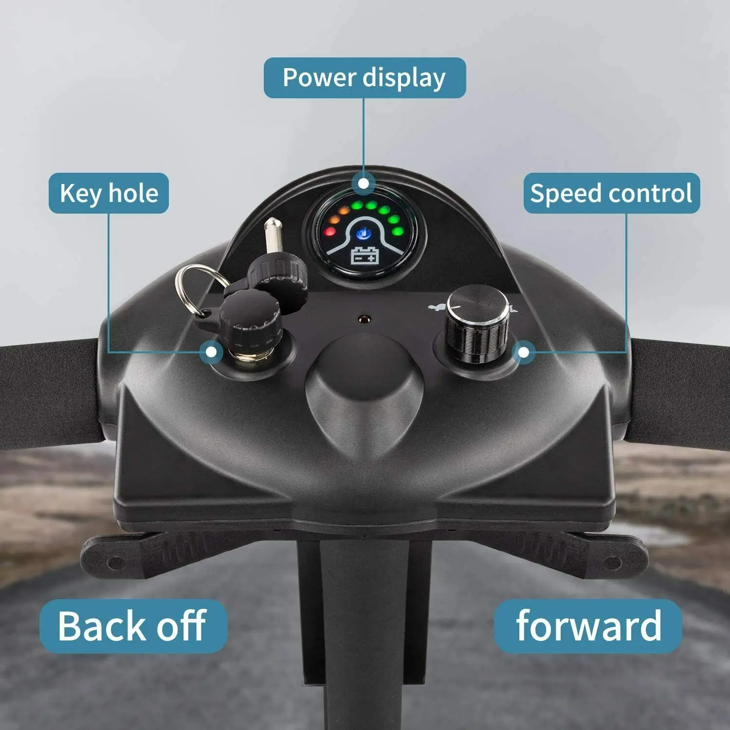 The folding seated electric scooter dashboard featuring a number of buttons for stable and controlled braking.