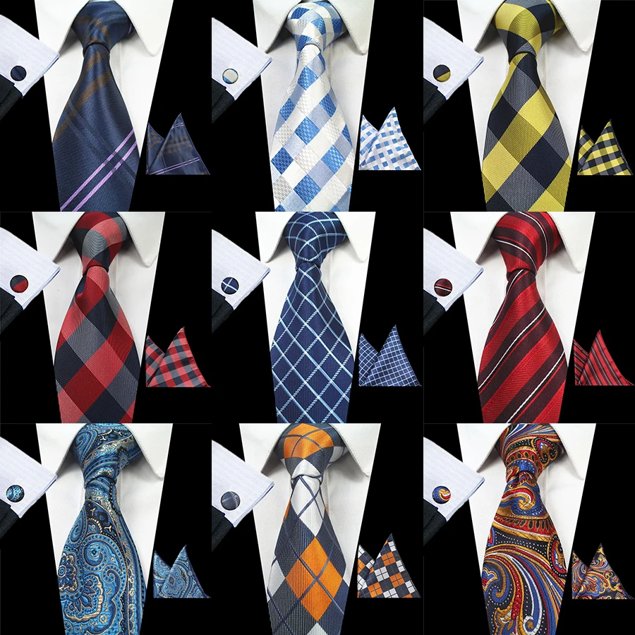 

GUSLESON New Fashion Floral Tie Men's 8cm Silk Necktie Set Blue Green Purple Yellow Red Wedding Solid Tie Hanky Cufflinks Set