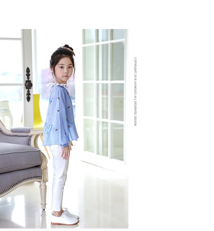 Spring New Products Girls Long Sleeve Vertical Striped Shirt Korean-style Childrenswear Big Boy Peter Pan Collar Tops D087