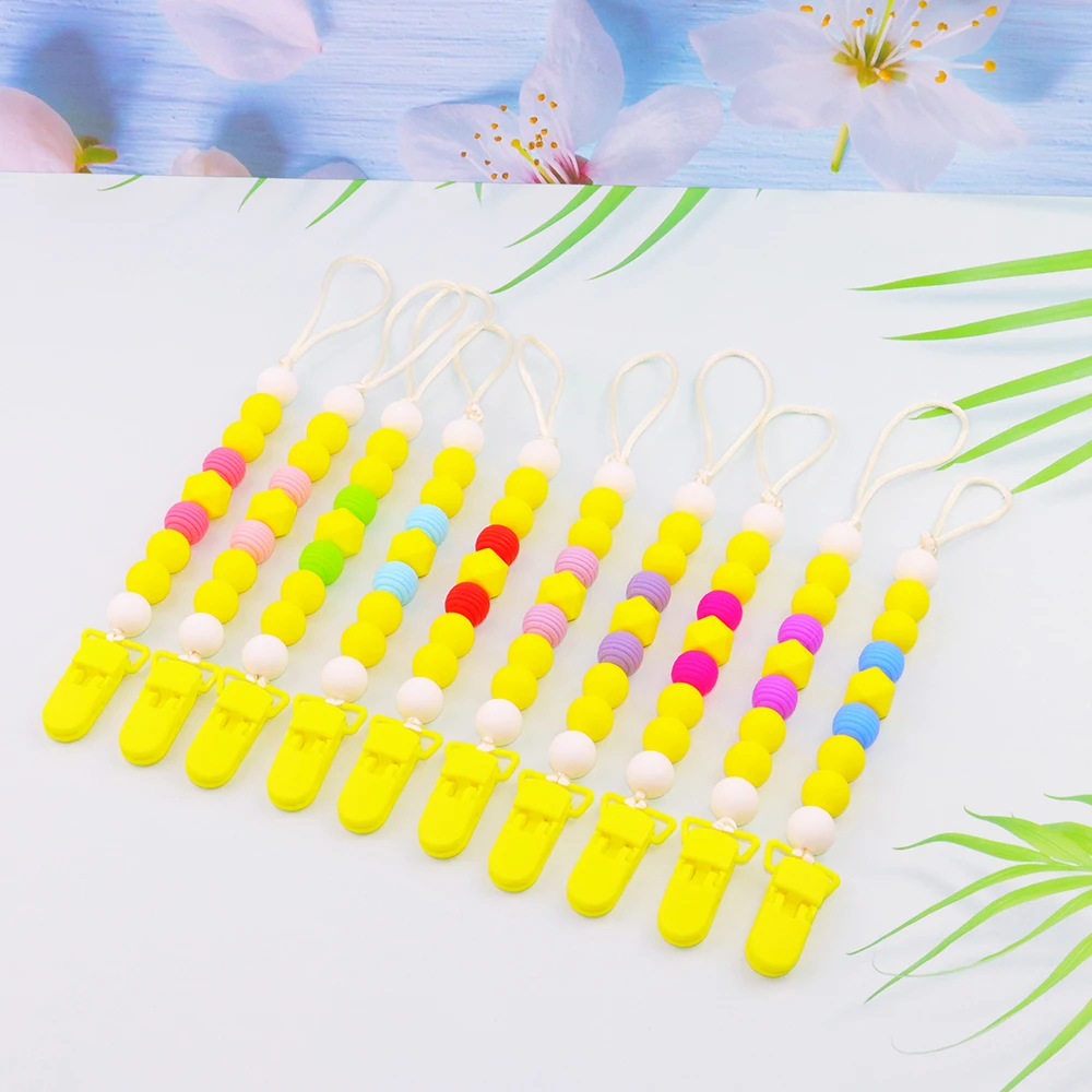 

Yellow Pacifier Clips Baby Teether Chain For Mommy Handmaking DIY Colorful Silicone Chain BPA Free Silicone Beads 15mm Beads