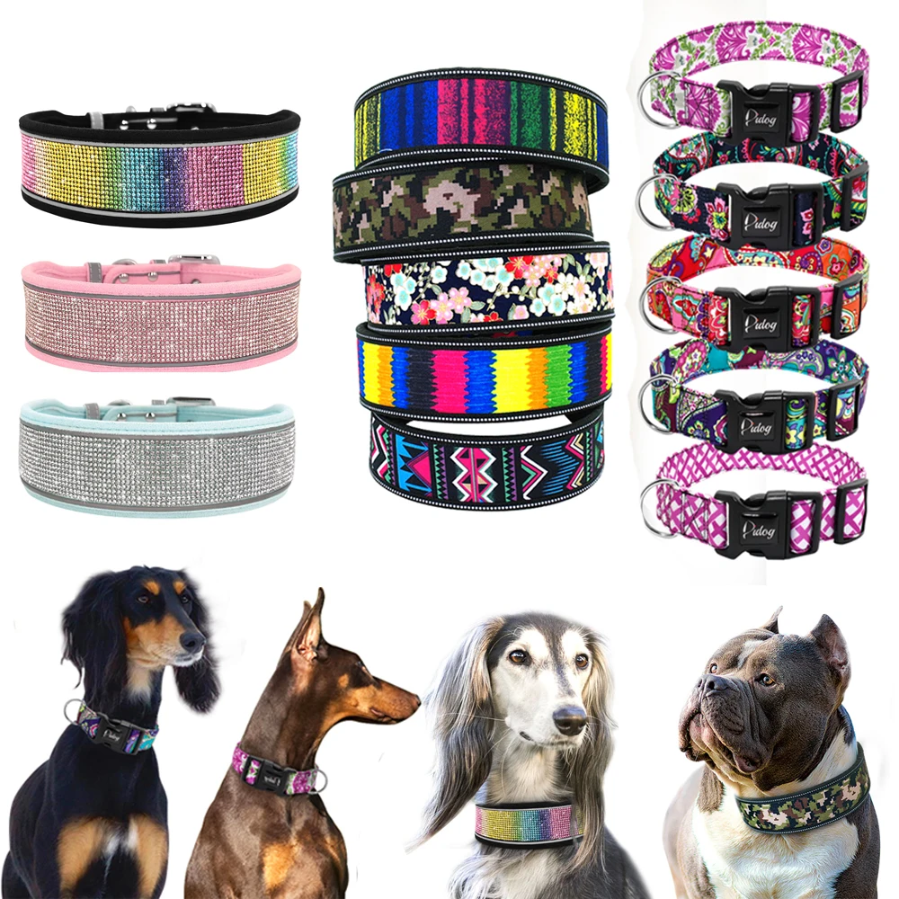 Wide Size Collar for Large Dogs Reflective Pet Collars Soft Padded Pitbull German Shepherd With Bling Rhinestone S M L | Дом и сад