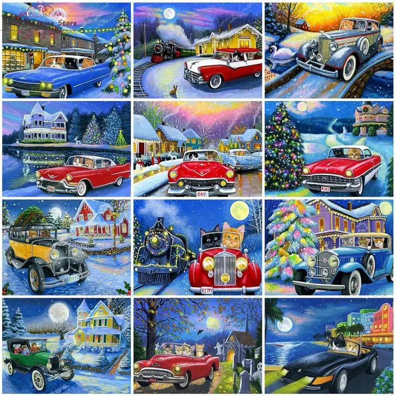 

5D DIY Diamond Painting Cat Drive The Car Winter Scenery Cartoon Painting Handmade Gift Diamond Embroidery Cross Stitch Decor