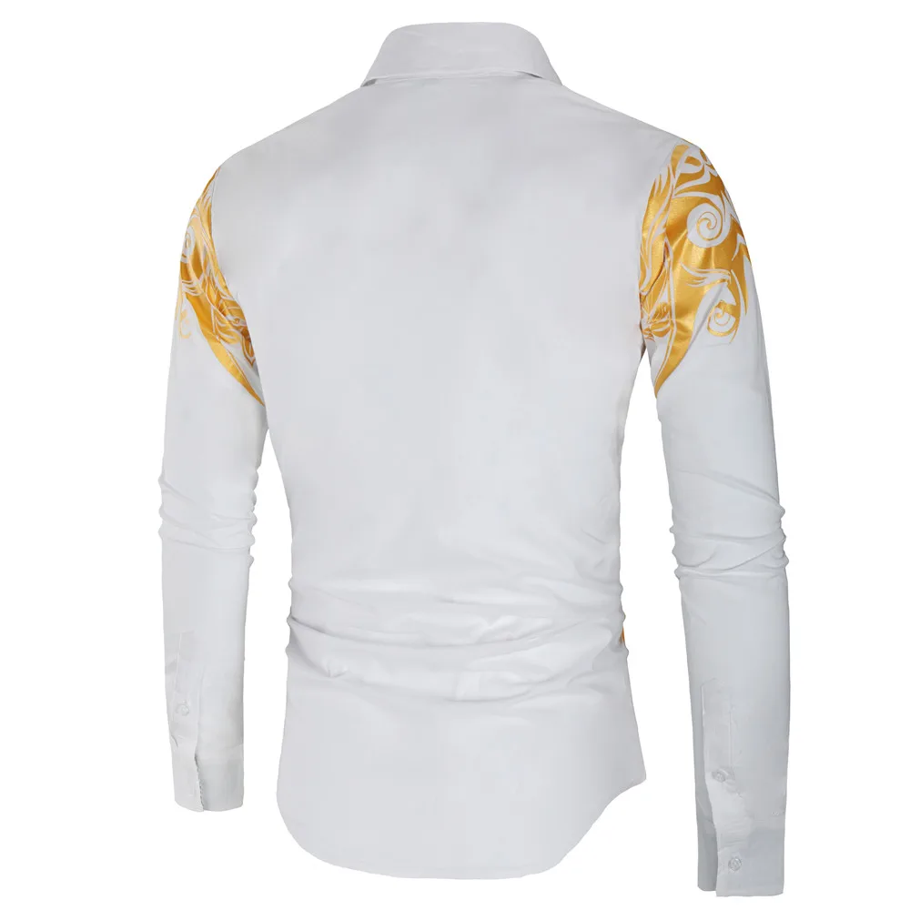 Брендовая мужская рубашка корейская мода золото Дракон печатных длинный рукав платье рубашка Slim Fit Хлопок формальная одежда рубашка Homme
