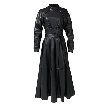 

SuperAen Fall Winter 2020 New French Solid Lace Up Slim PU Leather A Line Stand Dresses Women