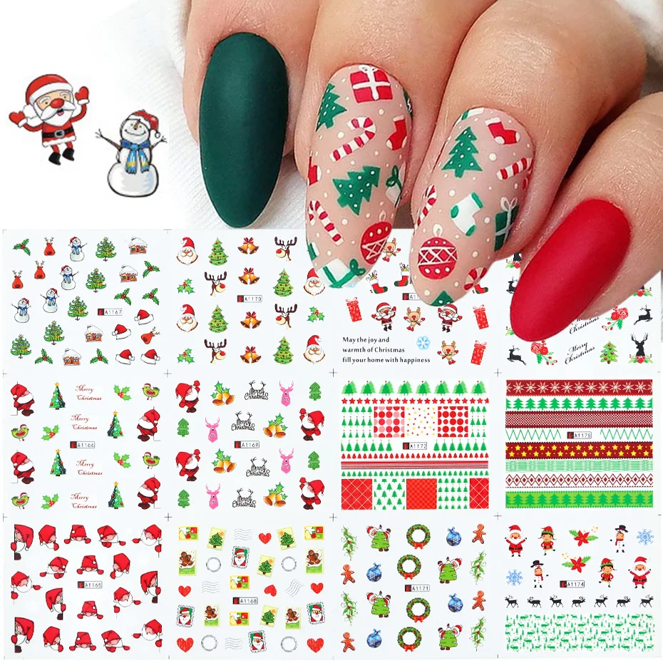 12pcs Christmas Cartoon Nail Art Stickers Water Decals Winter Santa Claus Sliders Foils New Year Decorations TRA1165-1176 | Красота и