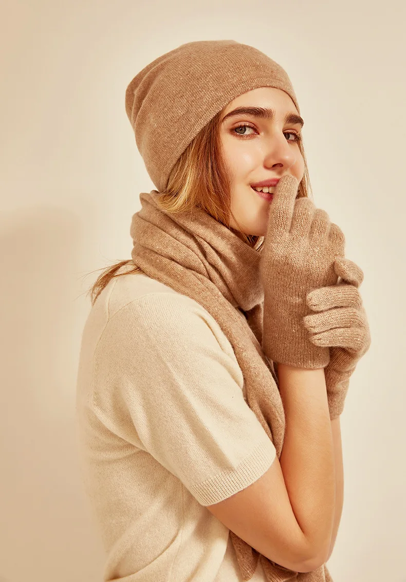 Набор из четырех предметов, теплая 100 кашемировая шапка, шарф, перчатки головная повязка, зимняя женская, фабричная осенняя и зимняя новинка, вязаная одноцветная