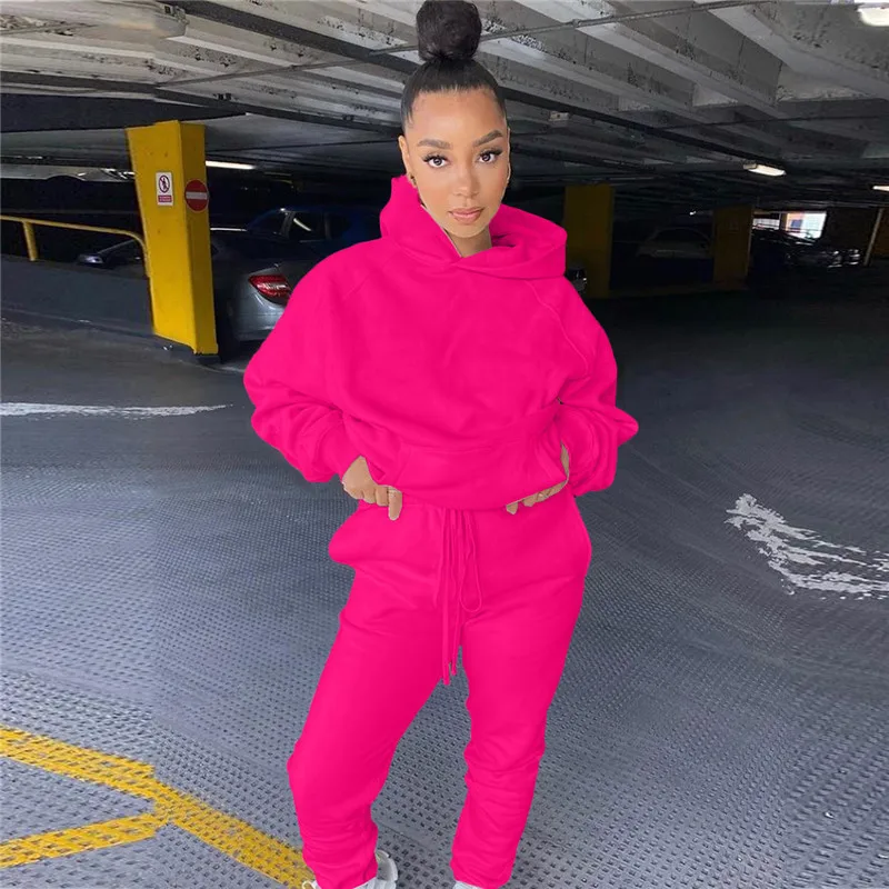 2021 Solid Women's 2 pcs Set Hooded Sweatshirt Jogger Pants Suit Tracksuit Matching Set Autumn Winter Casual Outfits women's shorts and blazer suit set Suits & Blazers