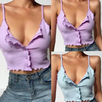 

Hot Sell Summer Women Purple/Blue Vest Fashion Sleeveless Strapless Solid Ruffles Crop Tops Pullovers Ladies Women Camisole